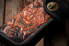 Handmade black leather Prajna Plutus carved biker wallet Long wallet clutch for men