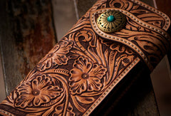 Handmade brown leather floral carved men biker wallet Long wallet clutch for men - EverHandmade