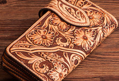 Handmade brown leather floral carved men biker wallet Long wallet clutch for men - EverHandmade