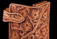 Handmade brown leather floral carved men biker wallet Long wallet clutch for men - EverHandmade