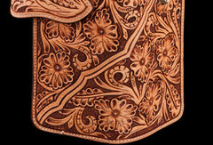 Handmade brown leather floral carved men biker wallet Long wallet clutch for men - EverHandmade