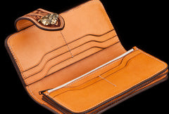 Handmade brown leather floral carved men biker wallet Long wallet clutch for men - EverHandmade