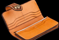 Handmade brown leather floral carved men biker wallet Long wallet clutch for men