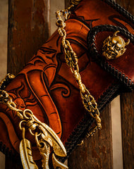Handmade leather biker trucker wallet leather chain men devil Black Carved Tooled wallet - EverHandmade