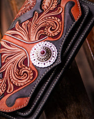 Handmade leather long tooled wallet Black floral men clutch wallet - EverHandmade