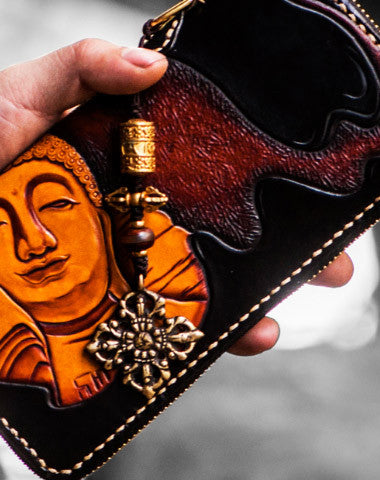 Handmade leather Buddha biker wallet clutch zip long wallet brown leather men phone - EverHandmade