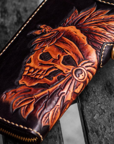 Handmade leather Indian Skull Chief biker wallet clutch zip long wallet brown leather men phone - EverHandmade