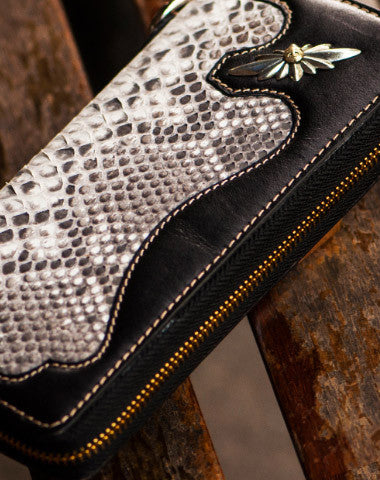 Handmade leather python skin biker wallet clutch zip long wallet ...