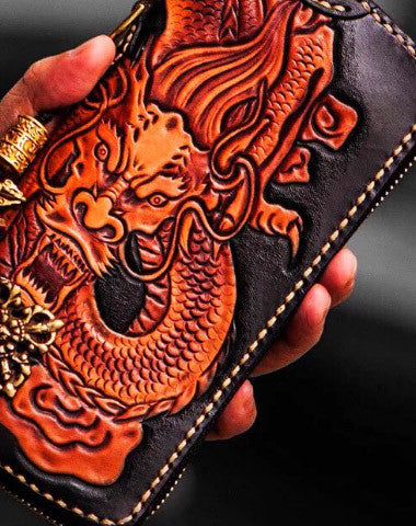 Handmade leather Chinese Dragon biker wallet clutch zip long wallet black leather men phone