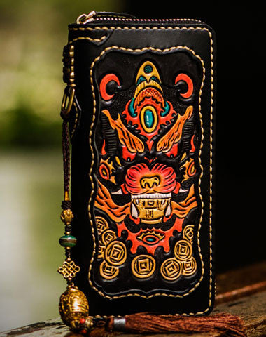 Handmade leather Chinese Monster biker wallet long wallet black leather men phone