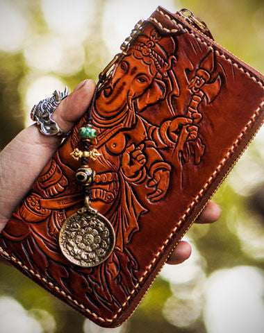 Handmade leather Ganesha biker wallet long wallet brown leather men phone