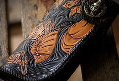 Handmade brown coffee leather Black and white variable carved biker wallet Long wallet for men