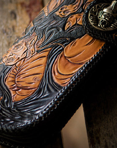 Handmade brown coffee leather Black and white variable carved biker wallet Long wallet for men