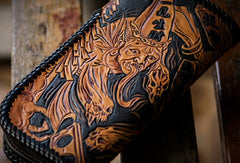 Handmade brown coffee leather Black and white variable carved biker wallet Long wallet for men - EverHandmade