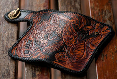 Handmade brown coffee leather Black and white variable carved biker wallet Long wallet for men - EverHandmade