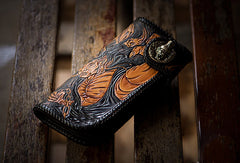 Handmade brown coffee leather Black and white variable carved biker wallet Long wallet for men - EverHandmade