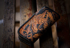 Handmade brown coffee leather Black and white variable carved biker wallet Long wallet for men - EverHandmade