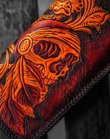 Handmade leather clutch zip long wallet black skull leather men Tooled - EverHandmade