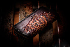 Handmade leather coffee black indian skull carved biker wallet bifold long wallet for men