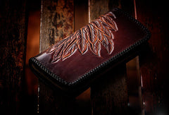 Handmade leather coffee black indian skull carved biker wallet bifold long wallet for men