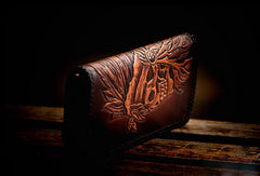Handmade leather coffee black indian skull carved biker wallet bifold long wallet for men