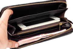 Handmade leather coffee black indian skull carved biker wallet bifold long wallet for men