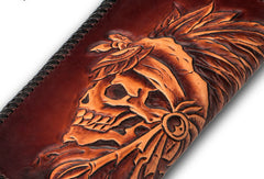 Handmade leather coffee black indian skull carved biker wallet bifold long wallet for men