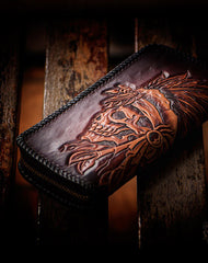 Handmade leather coffee black indian skull carved biker wallet bifold long wallet for men