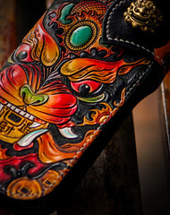 Handmade leather biker trucker wallet leather chain men monster Black Carved Tooled wallet - EverHandmade
