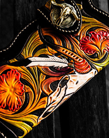 Handmade leather biker trucker wallet black skull floral leather chain men Carved Tooled wallet - EverHandmade