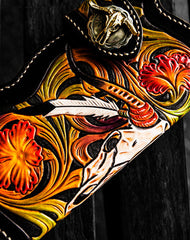 Handmade leather biker trucker wallet black skull floral leather chain men Carved Tooled wallet - EverHandmade