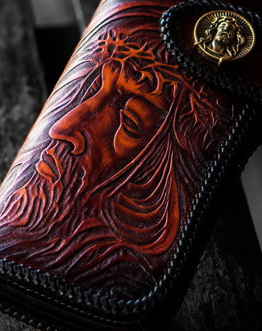 Handmade biker chain wallet black brown leather Jesus carved biker wallet Long wallet - EverHandmade