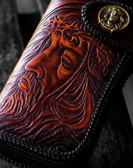 Handmade biker chain wallet black brown leather Jesus carved biker wallet Long wallet