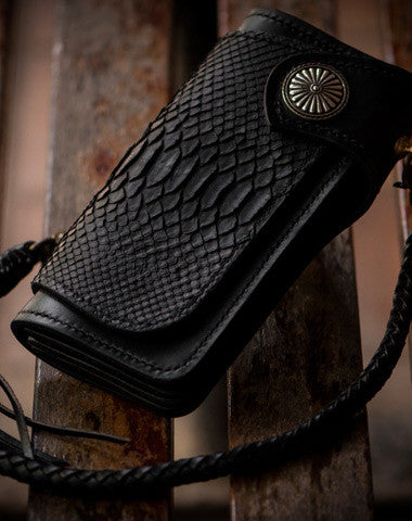 Handmade leather biker chain trucker wallet leather men Black snake skin Tooled wallet - EverHandmade