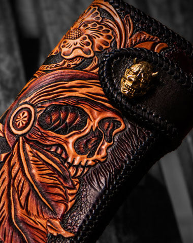 Handmade leather biker trucker wallet black skull leather chain men Tooled wallet - EverHandmade