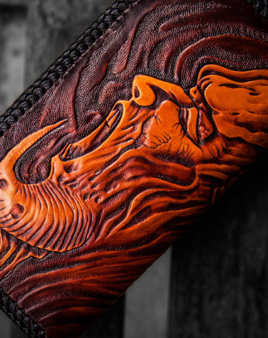 Handmade leather clutch zip long wallet black buddha leather men Tooled - EverHandmade
