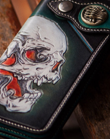 Handmade leather biker trucker wallet green skull leather chain men wallet - EverHandmade