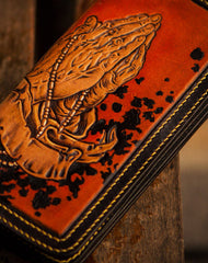 Handmade leather long tooled wallet Brown Buddha prayer men clutch wallet - EverHandmade