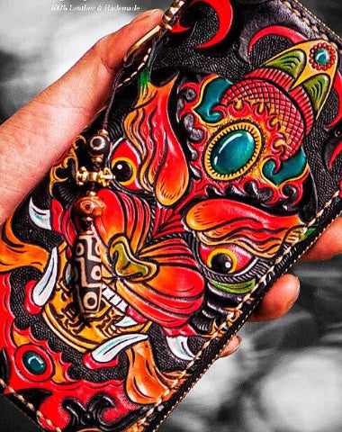 Handmade leather Chinese Monster biker wallet clutch zip long wallet black leather men phone - EverHandmade