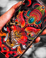 Handmade leather Chinese Monster biker wallet clutch zip long wallet black leather men phone