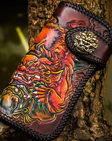 Handmade leather Chinese Lion biker wallet long wallet brown leather men phone - EverHandmade