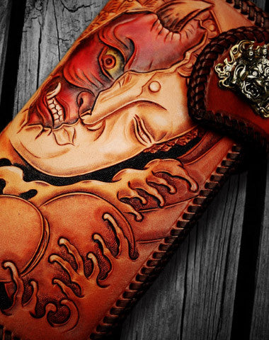 Handmade leather biker trucker wallet black Buddha leather chain men Carved Tooled wallet - EverHandmade