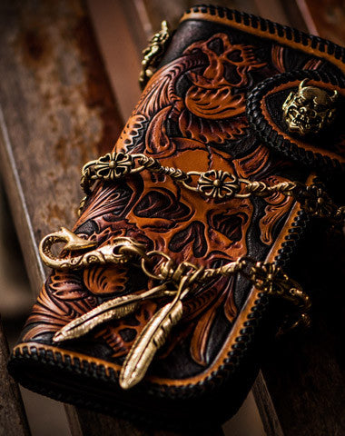 Handmade Skull leather biker trucker wallet leather chain men Brown Black Carved Tooled wallet