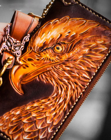 Handmade leather eagle Tooled biker chain wallet long wallet leather men