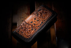 Handmade leather brown black floral skull carved biker wallet bifold long wallet for men