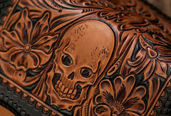 Handmade leather brown black floral skull carved biker wallet bifold long wallet for men