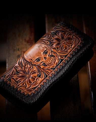 Handmade leather brown black floral skull carved biker wallet bifold long wallet for men - EverHandmade
