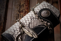 Handmade biker wallet black white leather boa snakeskin biker wallet Long wallet for men - EverHandmade
