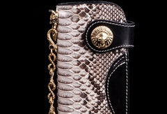 Handmade biker wallet black white leather boa snakeskin biker wallet Long wallet for men - EverHandmade