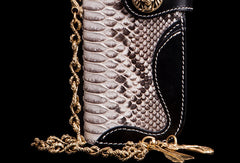 Handmade biker wallet black white leather boa snakeskin biker wallet Long wallet for men - EverHandmade